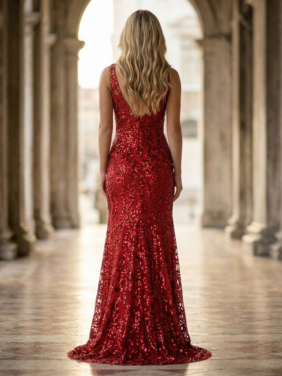 Spaghetti Straps Sequin Maxi Evening Gowns
