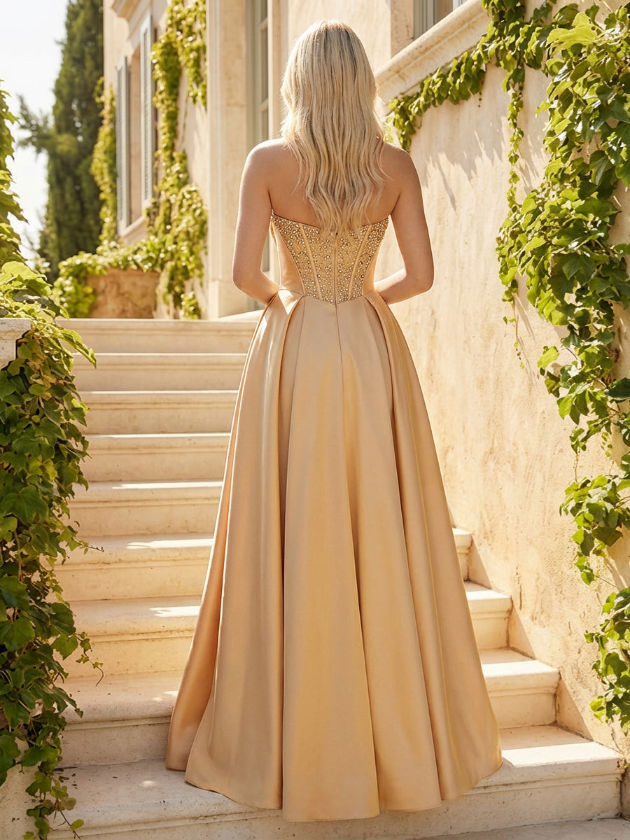 Strapless Satin Maxi Sweetheart Formal Dresses with Slit