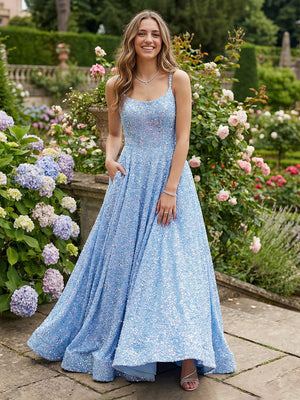 Spaghetti Straps Sequin Prom Dresses Maxi Evening Gowns