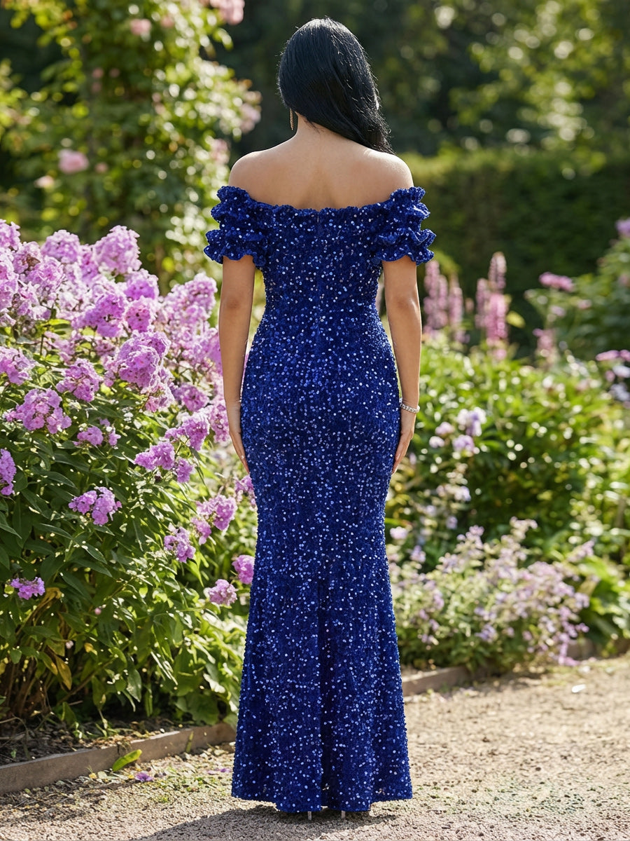 Off Shoulder Sequin Ruffles Maxi Formal Dresses