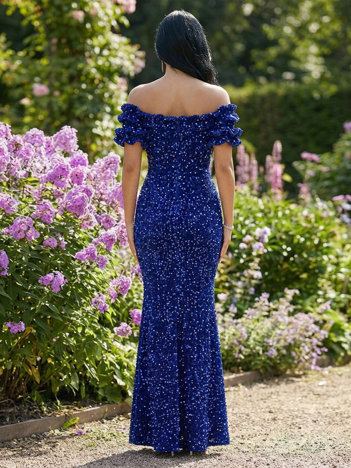 Off Shoulder Sequin Ruffles Maxi Formal Dresses