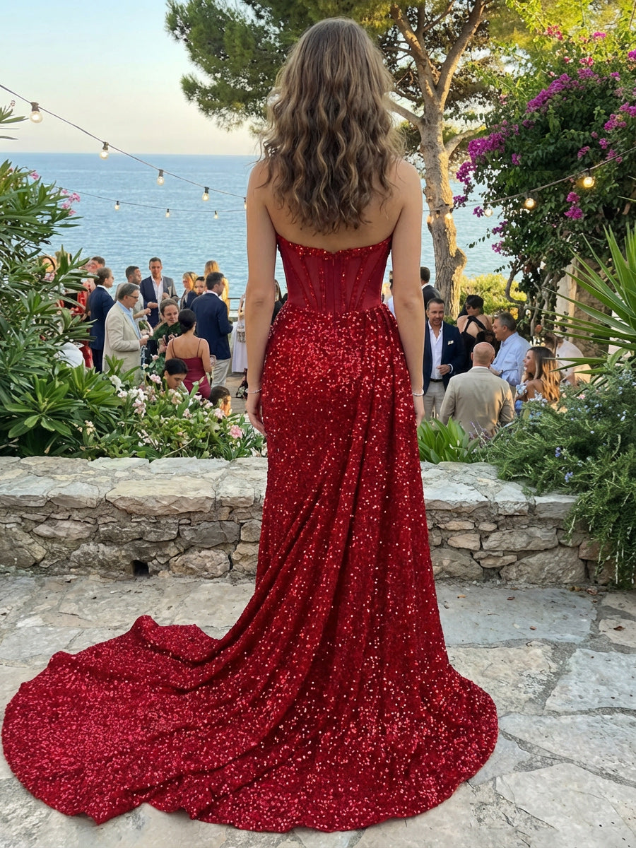 Strapless Sequin Pleated Prom Dresses Maxi Evening Gowns