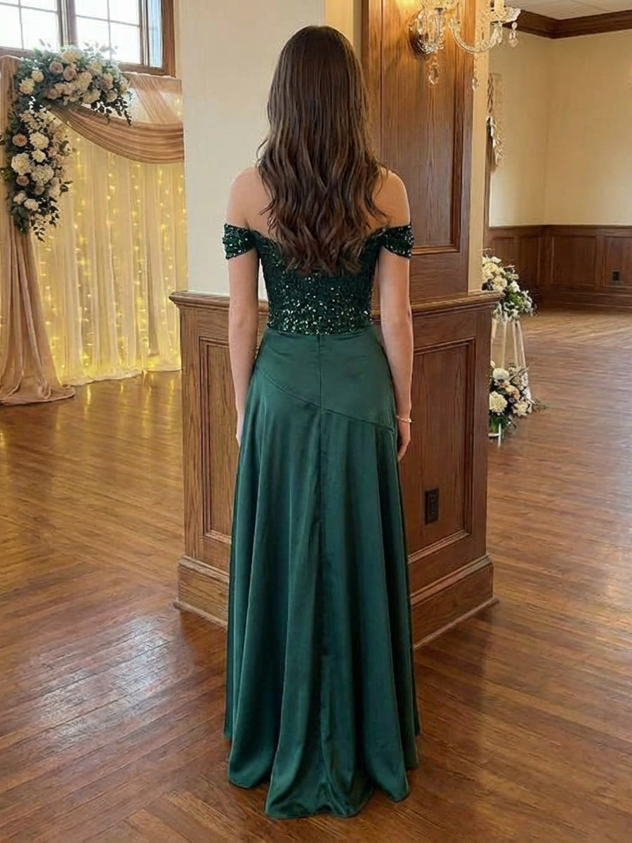 Off Shoulder Satin Prom Dresses Pleated Maxi Evening Gowns