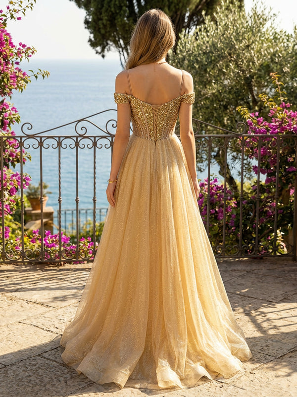 Spaghetti Straps Glitter Prom Dresses A Line Maxi Evening Gowns