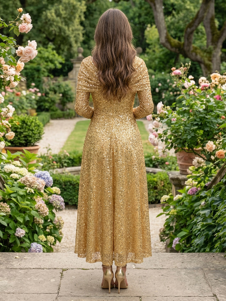 Cape Sleeves Sequin Formal Dresses Pleated Evening Dresses