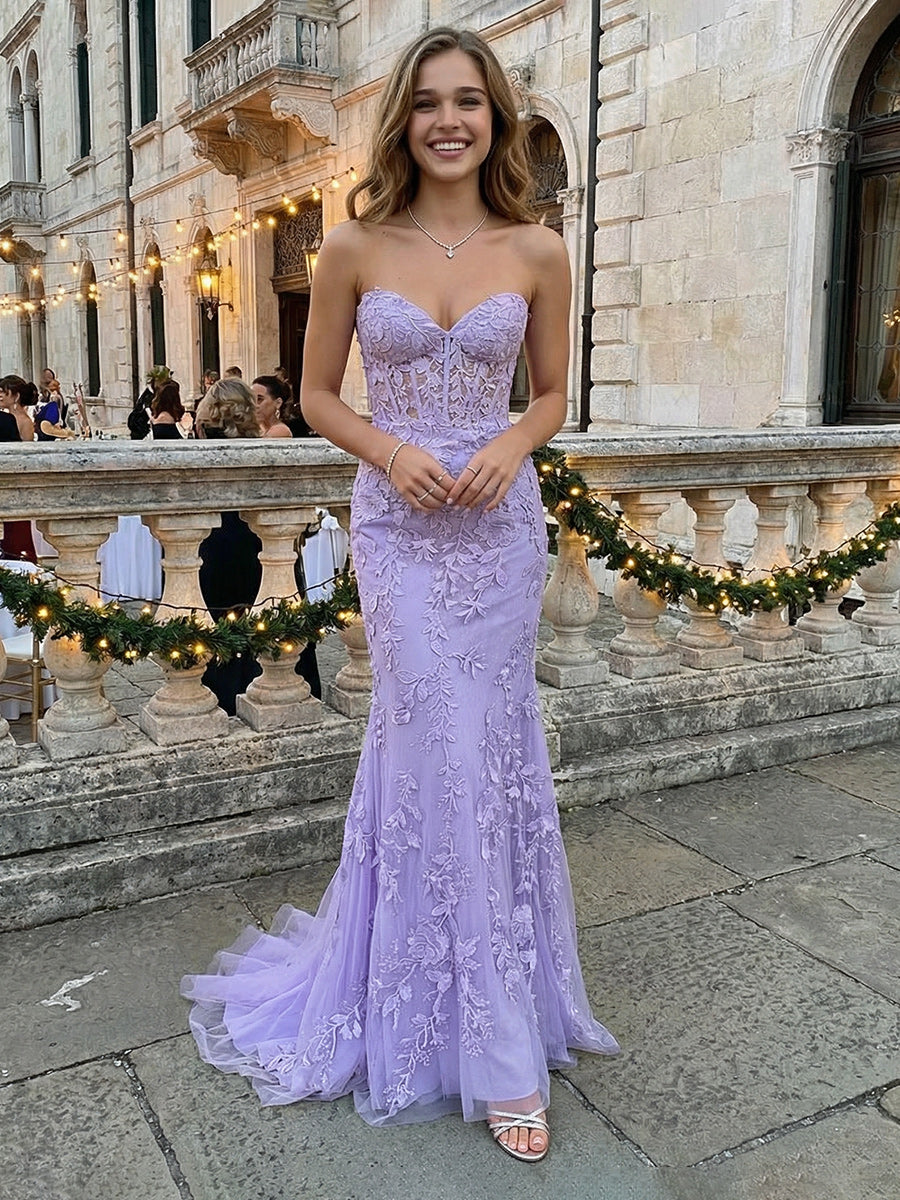 Strapless Lace Appliques Prom Dresses Maxi Evening Gowns