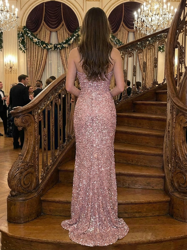 Strapless Sequin Prom Dresses Maxi Evening Gowns with Slit