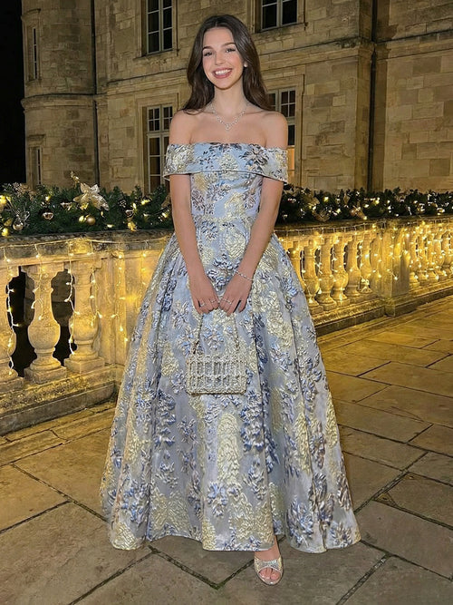 Off Shoulder Jacquard Prom Dresses A Line Evening Gowns