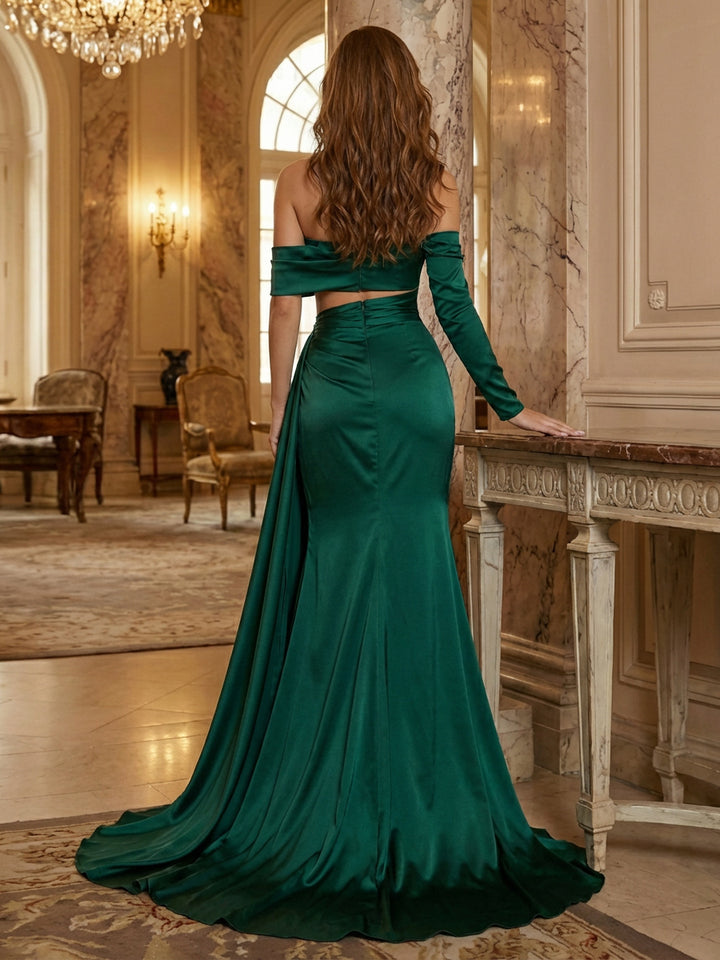 Off Shoulder Satin Cut Out Sleeves Evening Dresses with Slit
