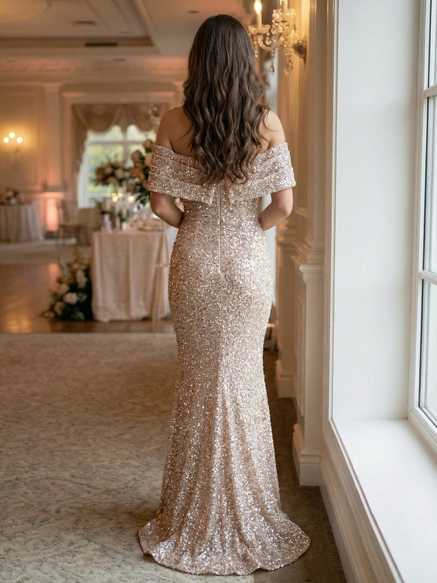 Off the Shoulder Sequin Ruched Evening Dresses Maxi Gowns