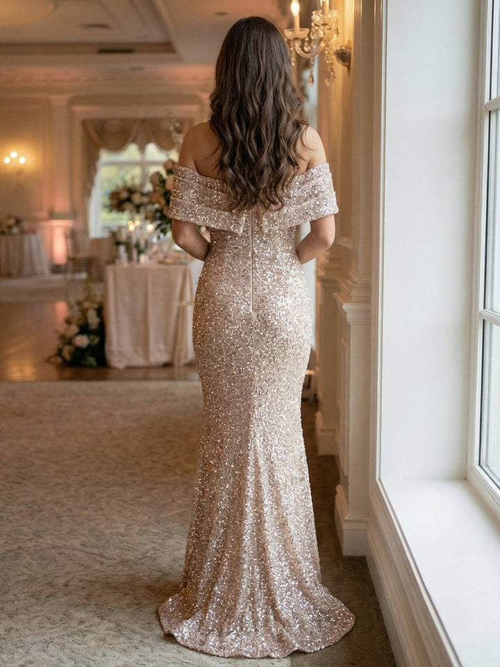 Off the Shoulder Sequin Ruched Evening Dresses Maxi Gowns