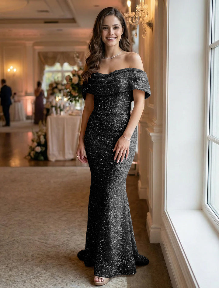 Off the Shoulder Sequin Ruched Evening Dresses Maxi Gowns
