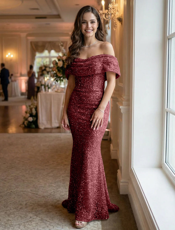 Off the Shoulder Sequin Ruched Evening Dresses Maxi Gowns