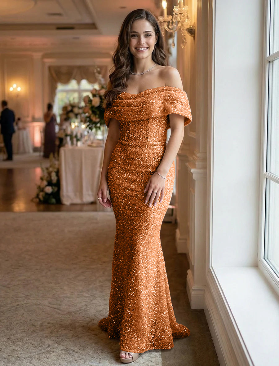 Off the Shoulder Sequin Ruched Evening Dresses Maxi Gowns