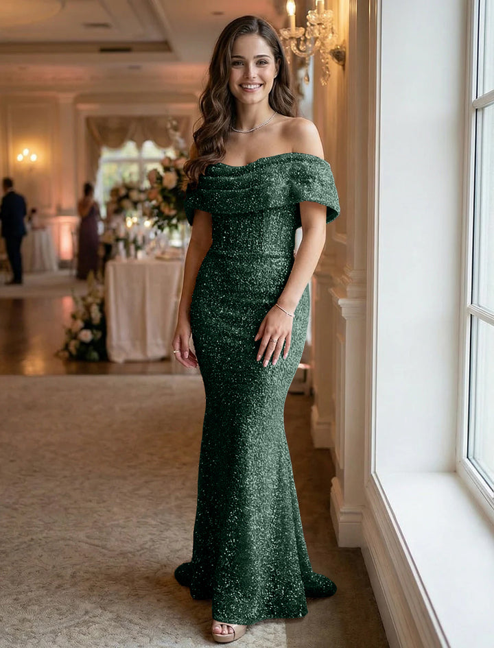 Off the Shoulder Sequin Ruched Evening Dresses Maxi Gowns