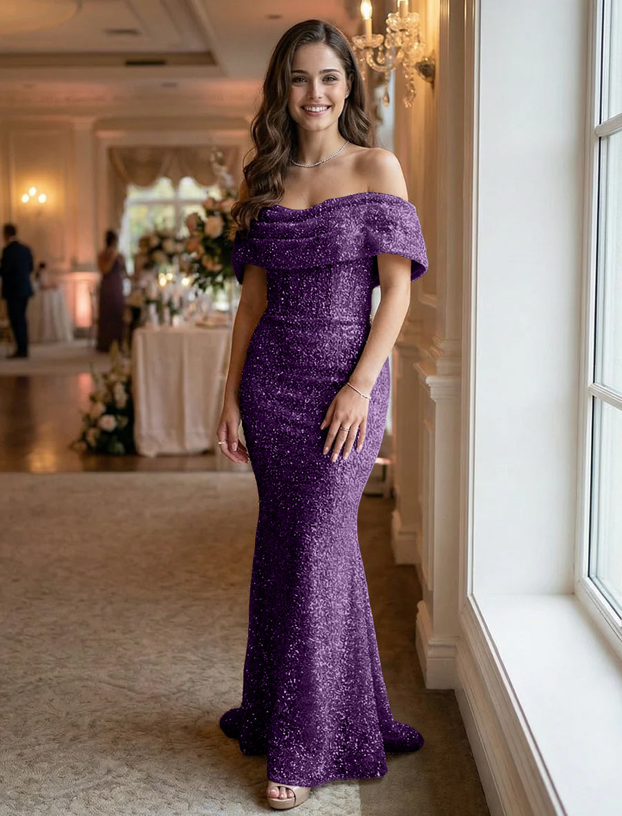Off the Shoulder Sequin Ruched Evening Dresses Maxi Gowns