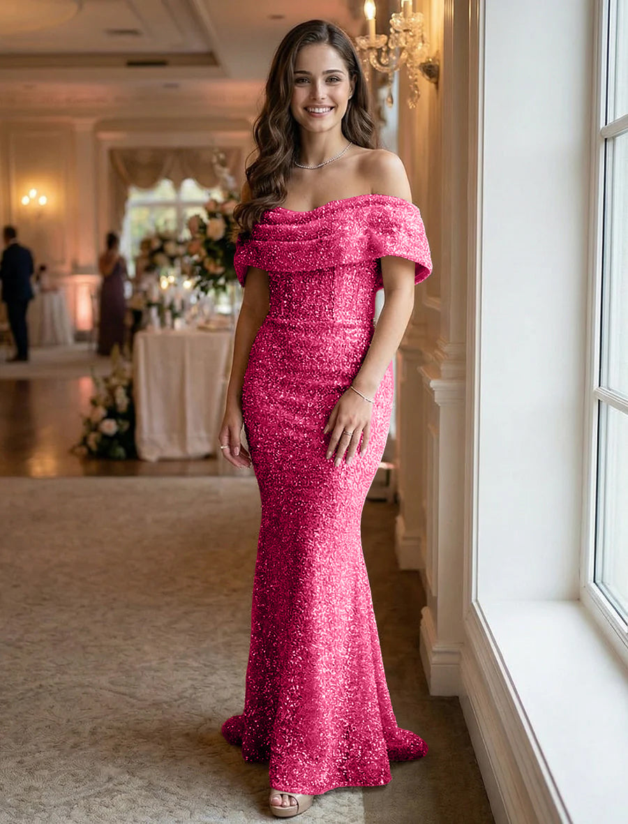 Off the Shoulder Sequin Ruched Evening Dresses Maxi Gowns