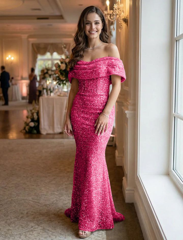 Off the Shoulder Sequin Ruched Evening Dresses Maxi Gowns