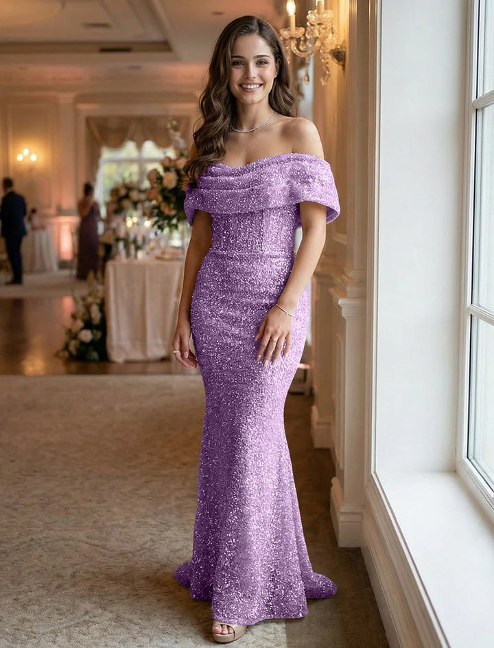 Off the Shoulder Sequin Ruched Evening Dresses Maxi Gowns