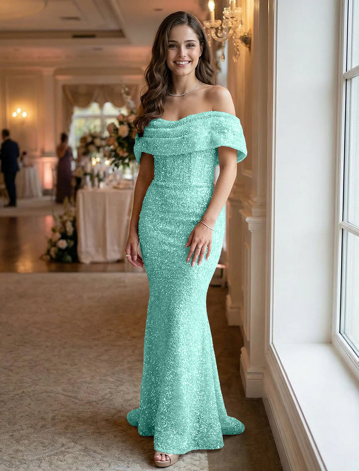 Off the Shoulder Sequin Ruched Evening Dresses Maxi Gowns