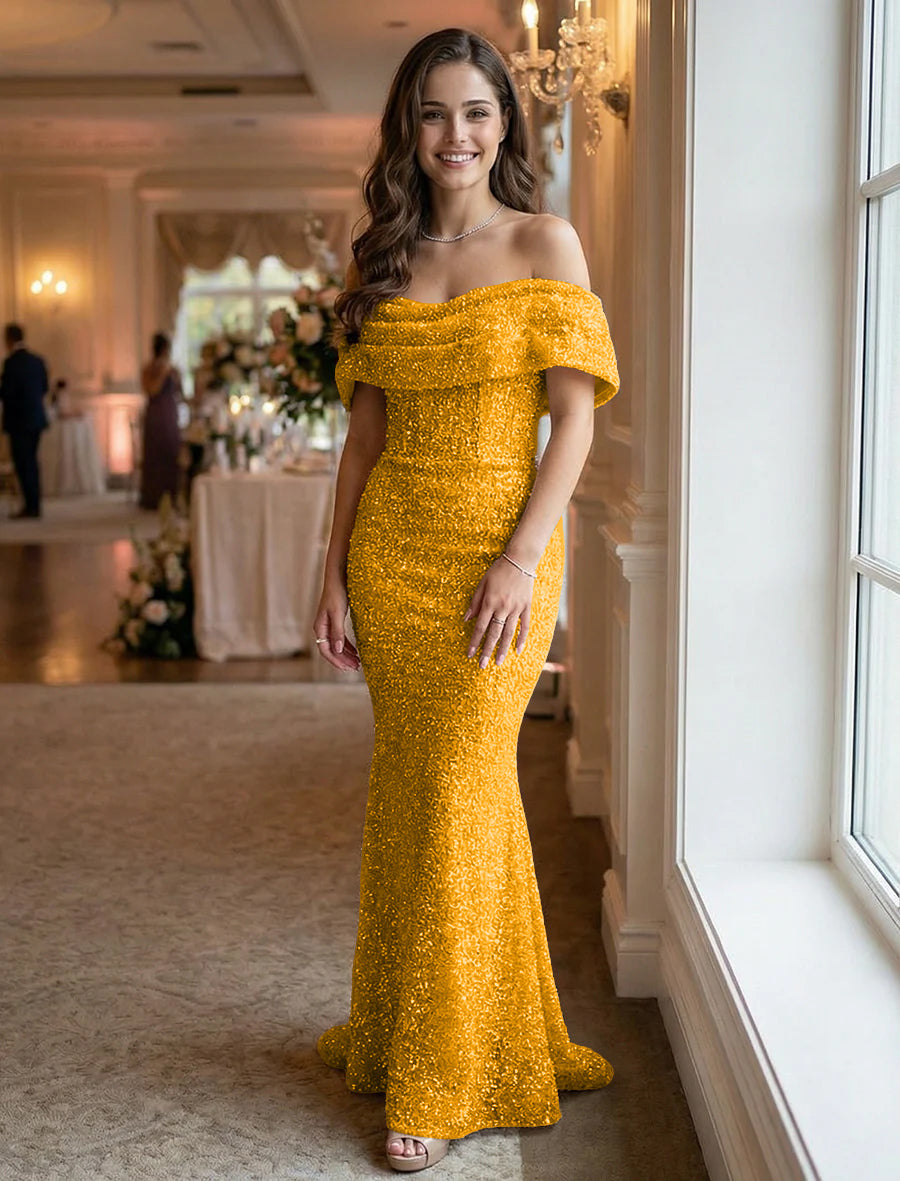 Off the Shoulder Sequin Ruched Evening Dresses Maxi Gowns