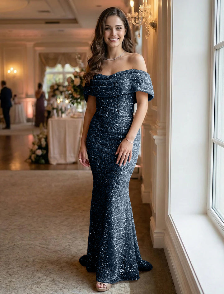 Off the Shoulder Sequin Ruched Evening Dresses Maxi Gowns