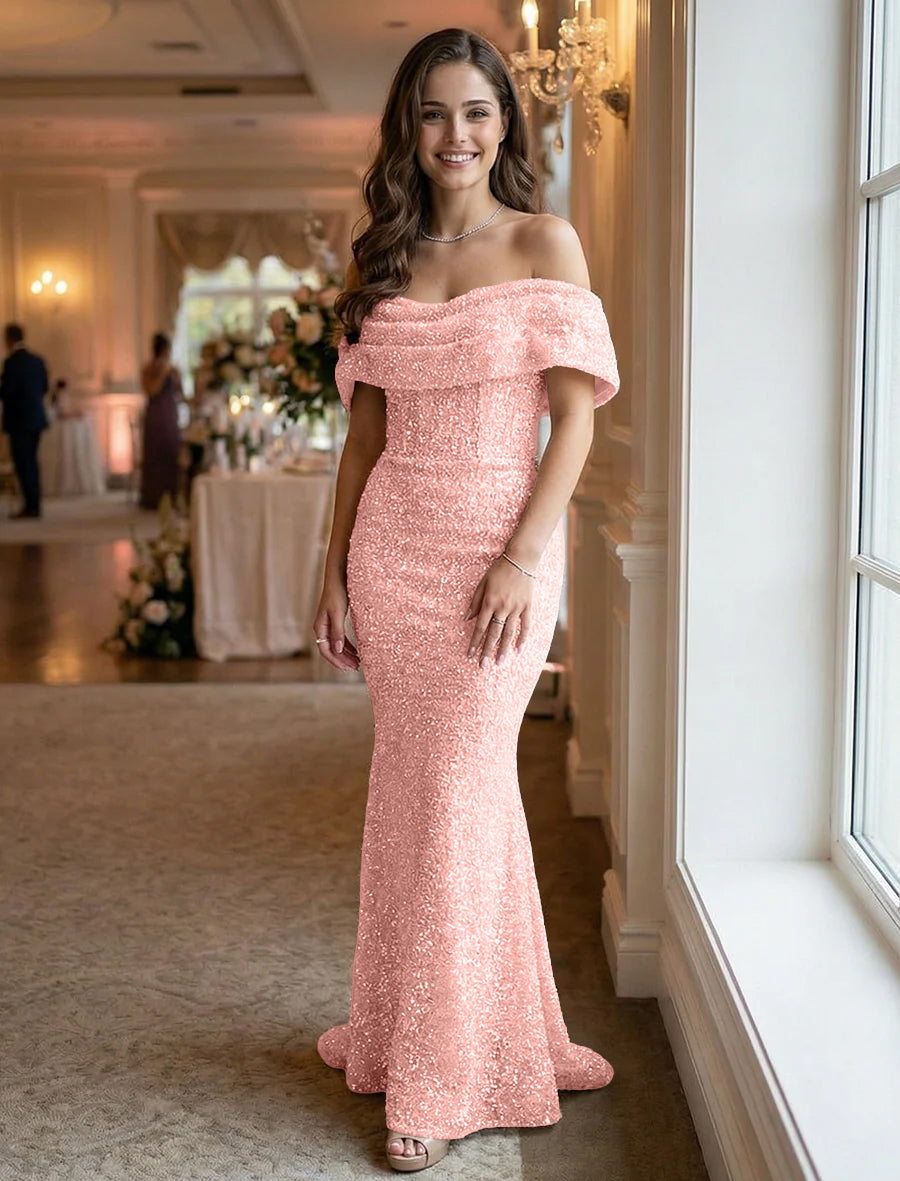 Off the Shoulder Sequin Ruched Evening Dresses Maxi Gowns