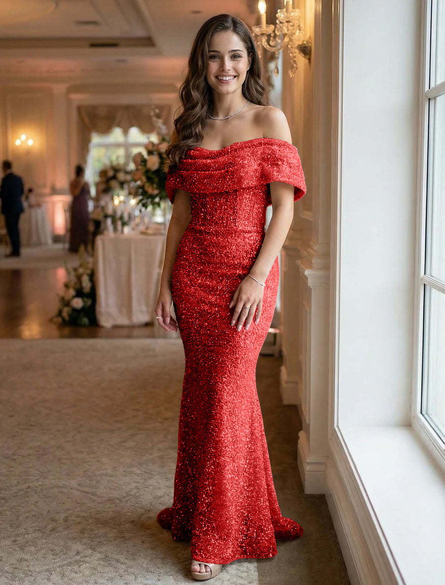 Off the Shoulder Sequin Ruched Evening Dresses Maxi Gowns