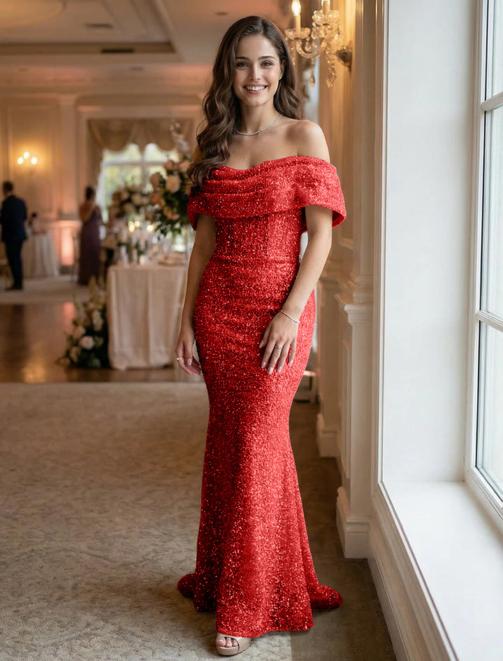 Off the Shoulder Sequin Ruched Evening Dresses Maxi Gowns