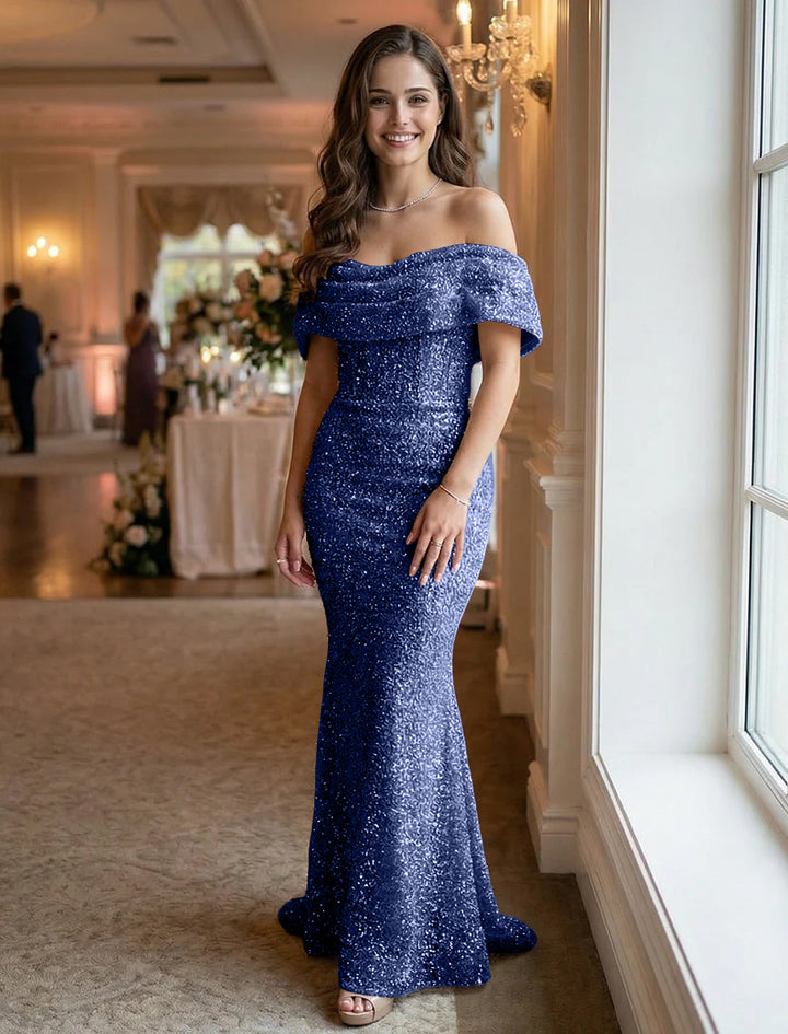 Off the Shoulder Sequin Ruched Evening Dresses Maxi Gowns