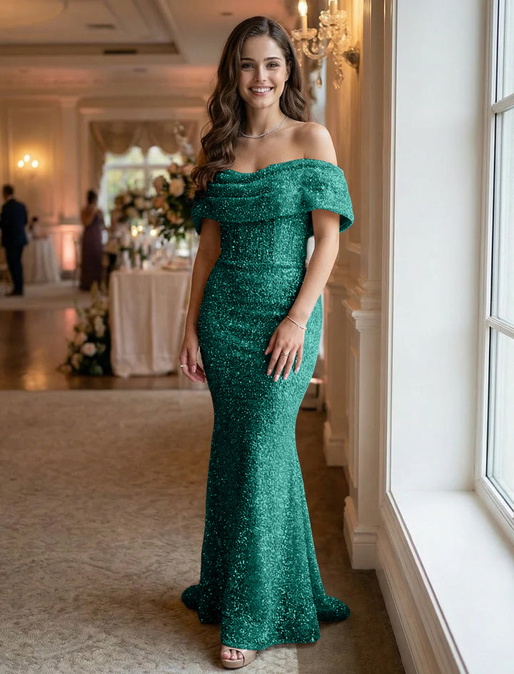Off the Shoulder Sequin Ruched Evening Dresses Maxi Gowns