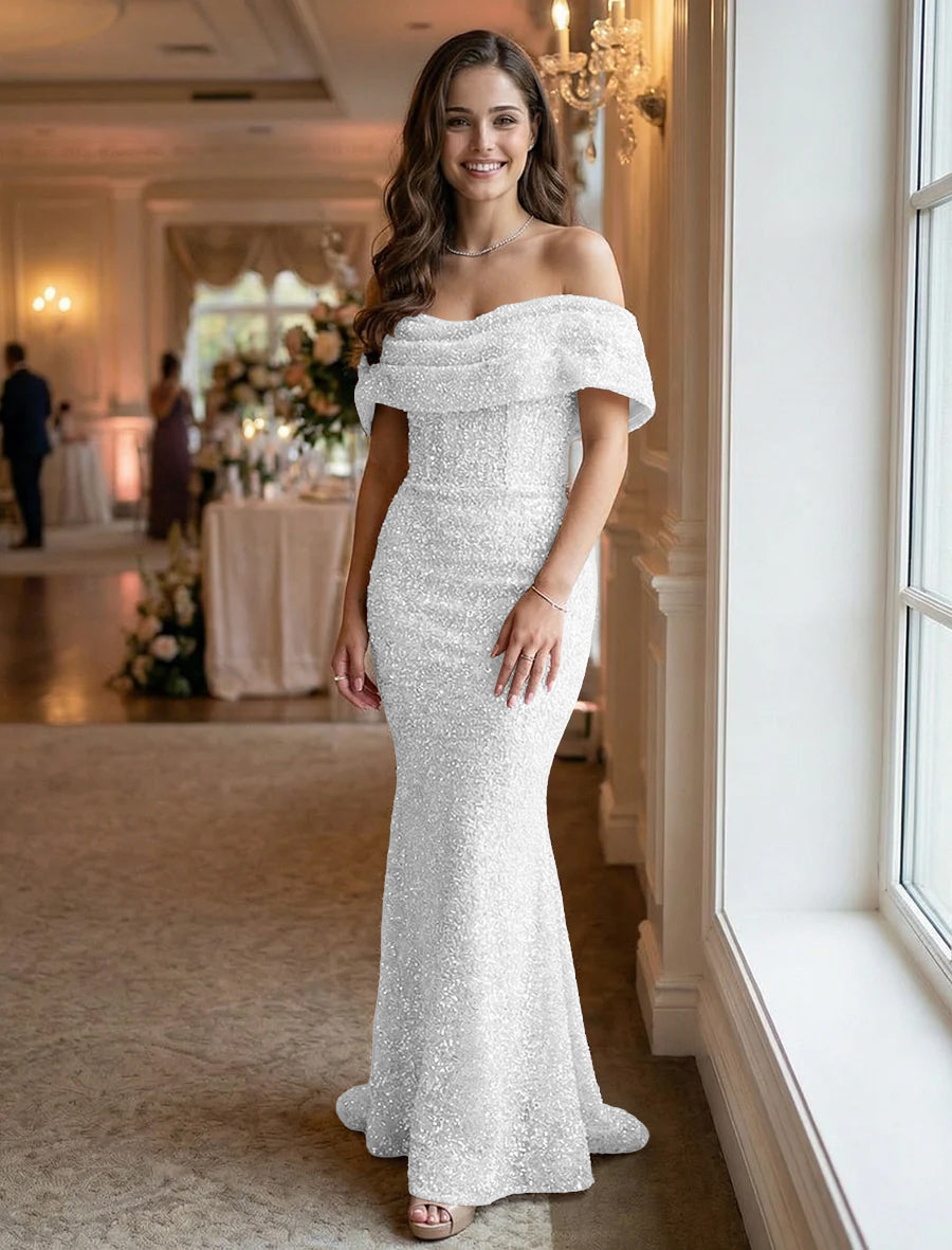 Off the Shoulder Sequin Ruched Evening Dresses Maxi Gowns
