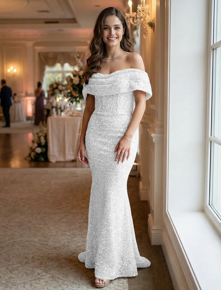 Off the Shoulder Sequin Ruched Evening Dresses Maxi Gowns