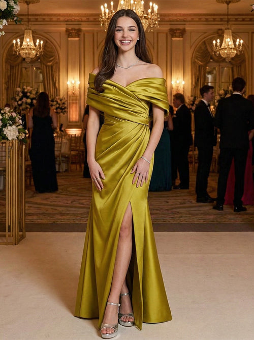 Off Shoulder Satin Pleated Prom Dresses Maxi Evening Gowns