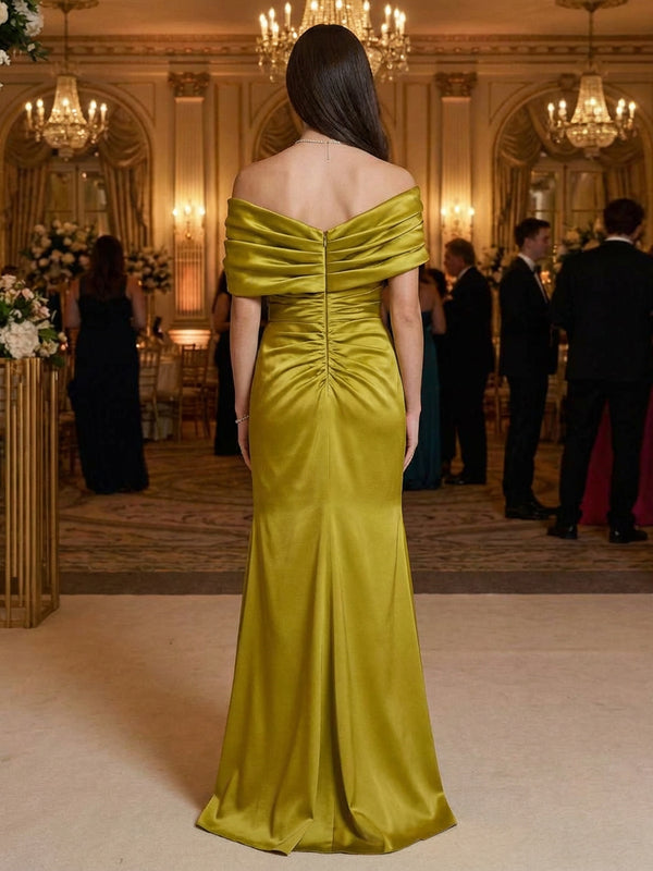 Off Shoulder Satin Pleated Prom Dresses Maxi Evening Gowns