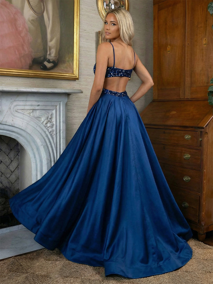 Sequin V Neck Cut Out Satin Evening Dresses with Slit Formal Gowns for Women