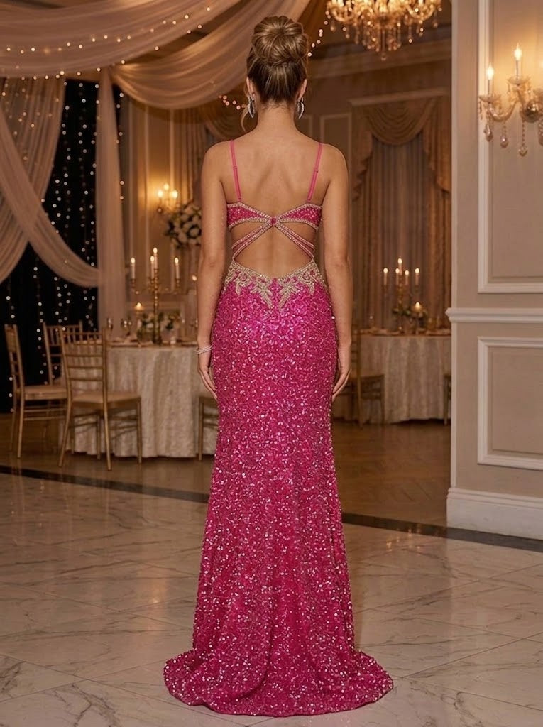 Sequin V Neck Cut Out Lace Appliques Evening Dresses with Side Slit