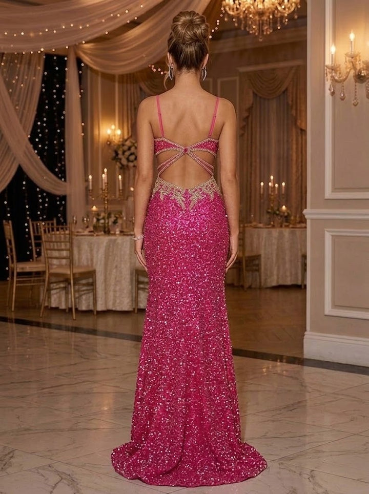 Sequin V Neck Cut Out Lace Appliques Evening Dresses with Side Slit