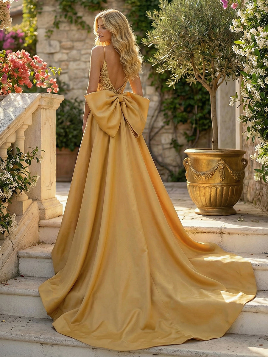 Satin V Neck Lace Appliques Cut Out Prom Dresses with Bow