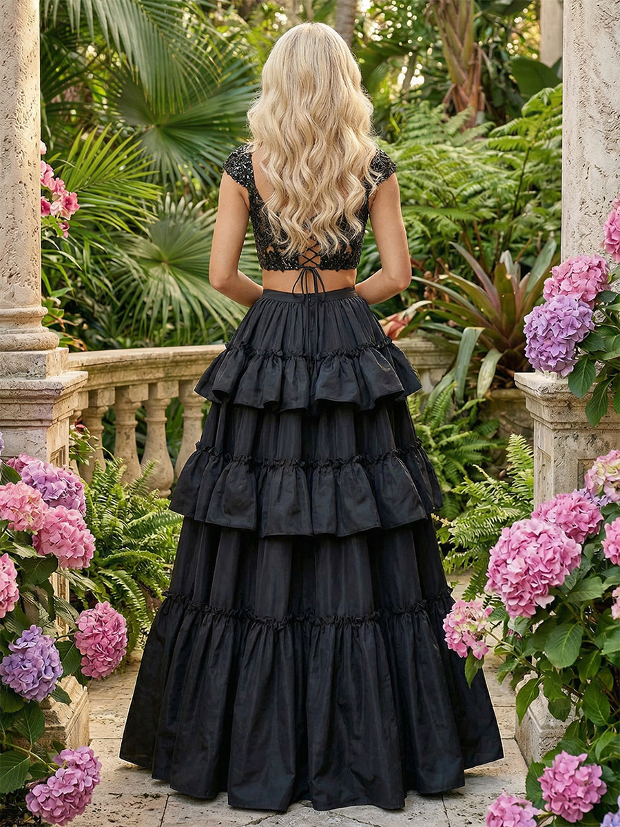 Satin Square Neck Lace Appliques 2 Pieces Layered Prom Dresses with Slit