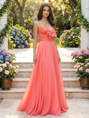 Chiffon V Neck Pleated Cut Out Bow Prom Dresses