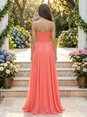 Chiffon V Neck Pleated Cut Out Bow Prom Dresses