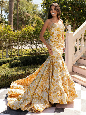 Floral Satin Spaghetti Straps Square Neck Pleated  Prom Dresses