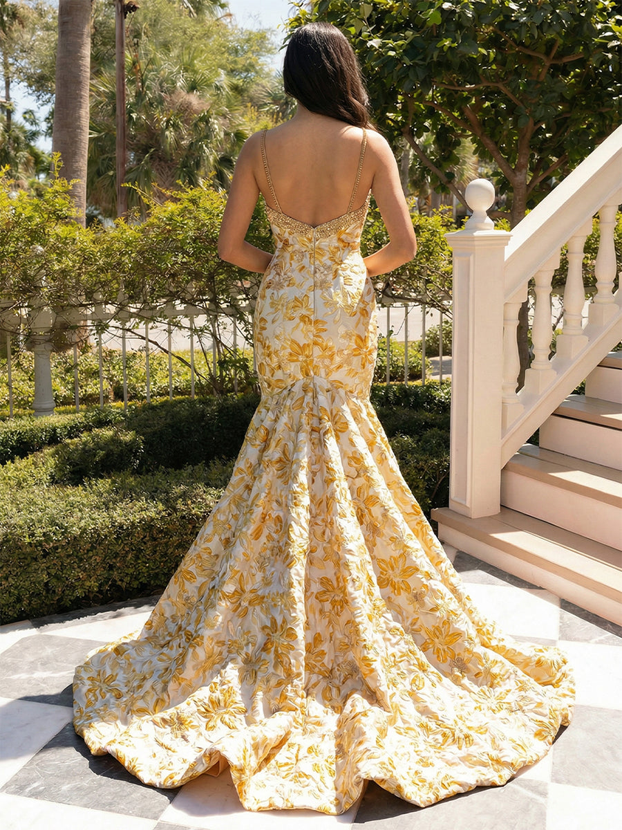Floral Satin Spaghetti Straps Square Neck Pleated  Evening Dresses with Sweep Train