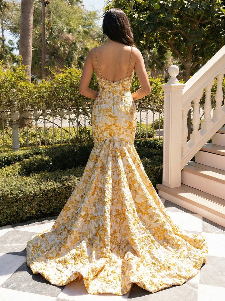 Floral Satin Spaghetti Straps Square Neck Pleated  Evening Dresses with Sweep Train