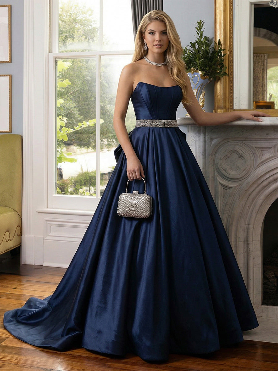 Satin Strapless Sweetheart Beadings Pleated Prom Dresses