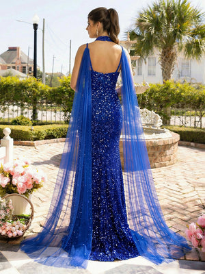 Sequin Spaghetti Straps Tulle Pleated Prom Dresses with High Slit