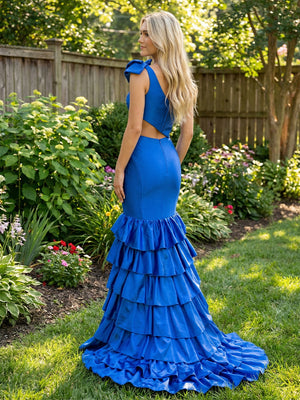 Satin One Shoulder Cut Out Layered Pleats Prom Dresses