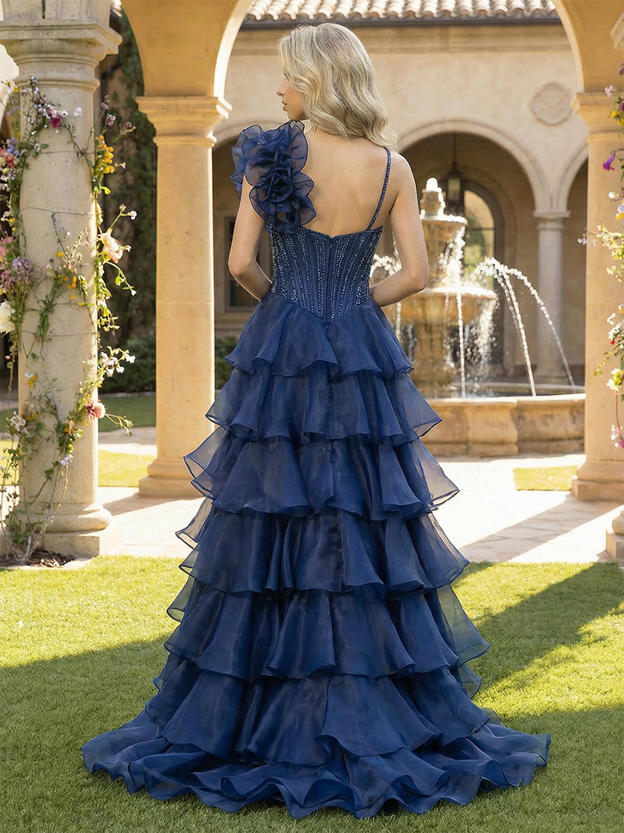Tulle Spaghetti Straps Tiered Evening Dresses with Slit