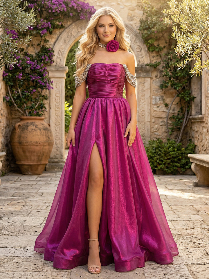 Satin Off the Shoulder Ruched Evening Dresses with Slit